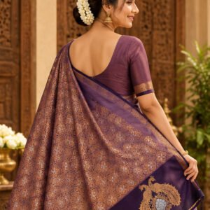 Plum Mauve Soft Silk Saree with Traditional Peacock Border – Dhup Chao Pattern