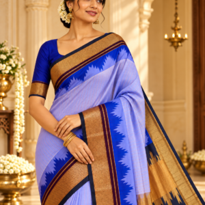 Traditional Ilkal Style Saree with Temple Border – Lavender Blue