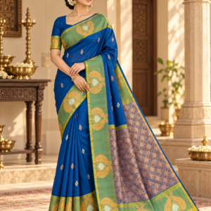 Royal Blue Soft Silk Saree with Traditional Peacock Border – Dhup Chao Pattern