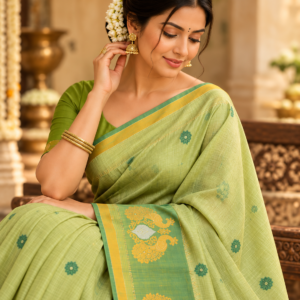 Soft Silk Saree with Traditional Peacock Border – Light Olive Green